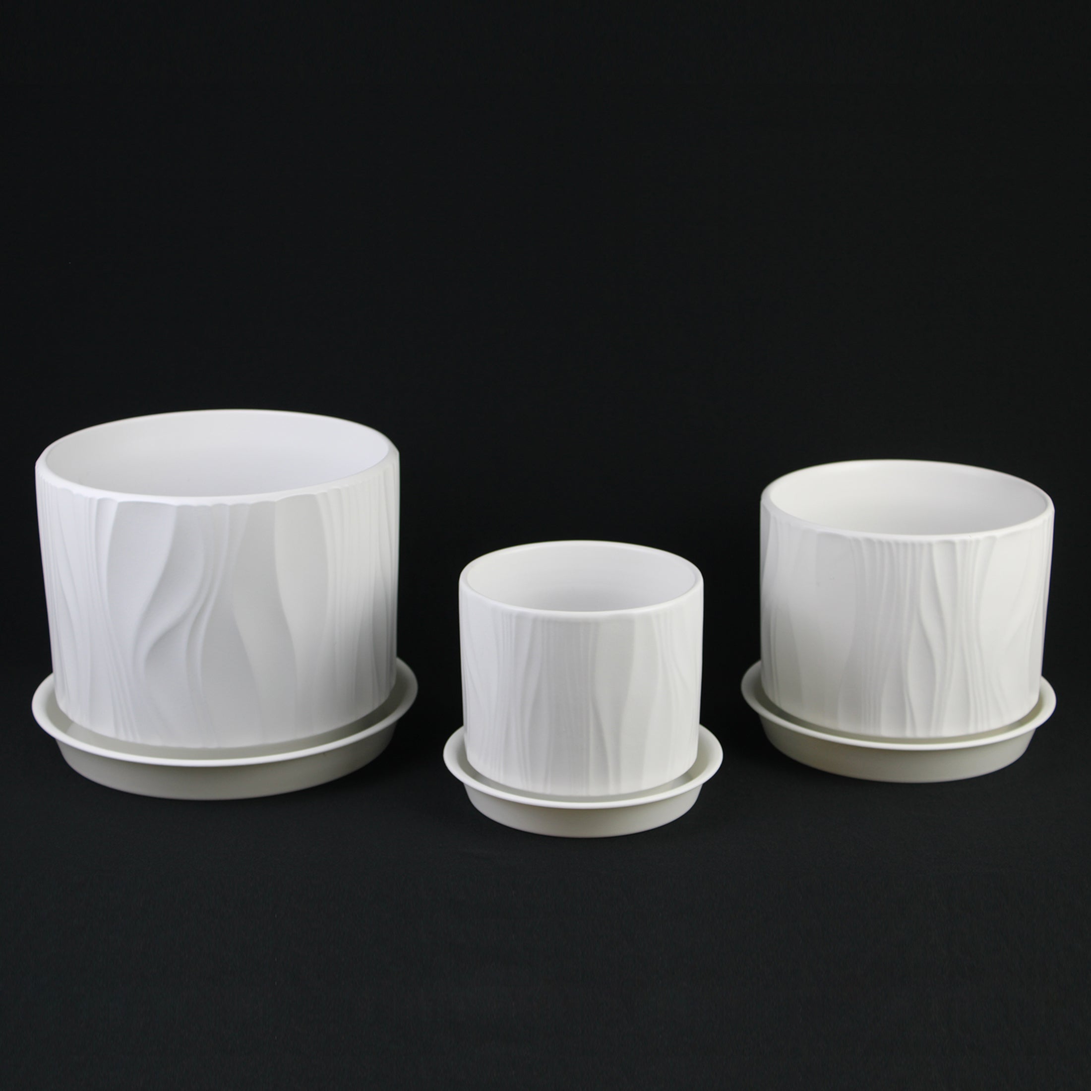 3-Piece White Stoneware Planter Pot Set with Embossed Texture