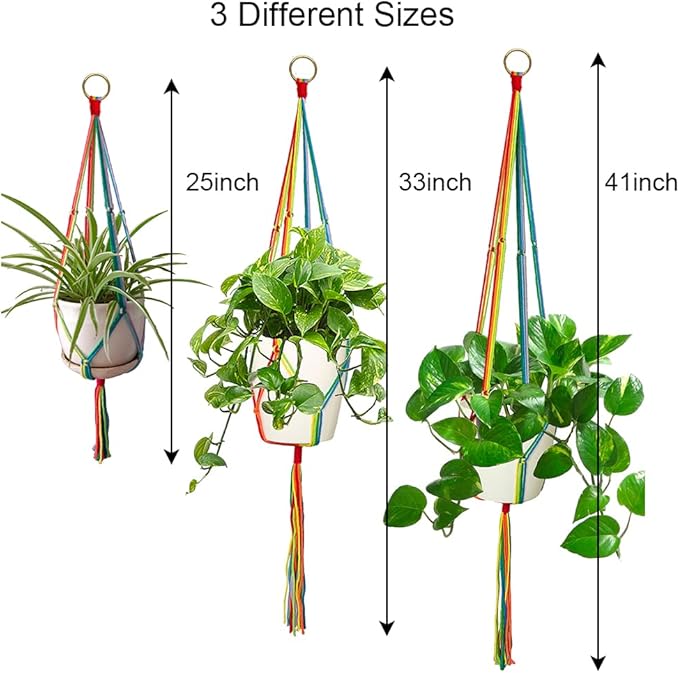 Rainbow Macrame Plant Hangers Indoor Outdoor, 3 Pack Different Size Flower Pot Holder Hanging Plant Holder for Windows Garden Boho Home Decor
