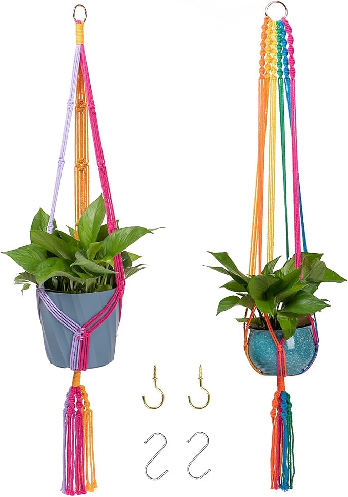 Rainbow Colorful Macrame Plant Hanger with 4 Hooks, Hanging Plant Holder Indoor Outdoor, Handmade Cotton Rope for Boho Room Decor Hanging Ceiling Decor，2 Pack