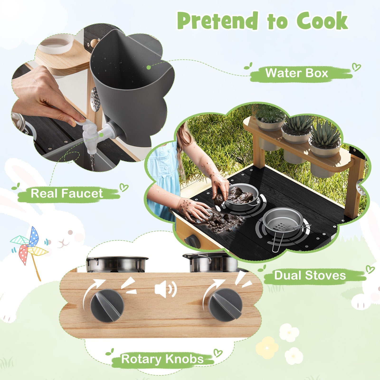 Outdoor Fir Wood Play Kitchen with Blackboard and Planting Pots-Natural